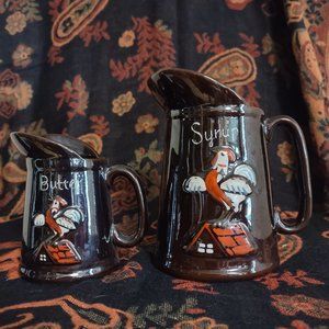 Vintage 1950's Red Rooster's Syrup & butter pitchers Luster ware